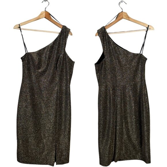 Vince Camuto One Shoulder Glitter Knee Length Dress Womens 12 Gold Slit Cocktail - Picture 3 of 14